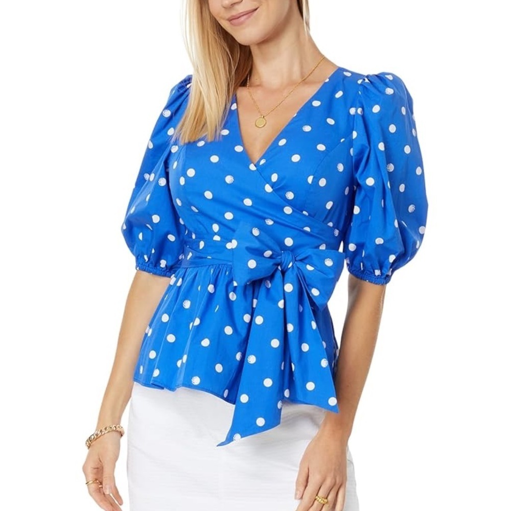 Lilly Pulitzer Kara Wrap Top Blue Polka Dot Puff Sleeve